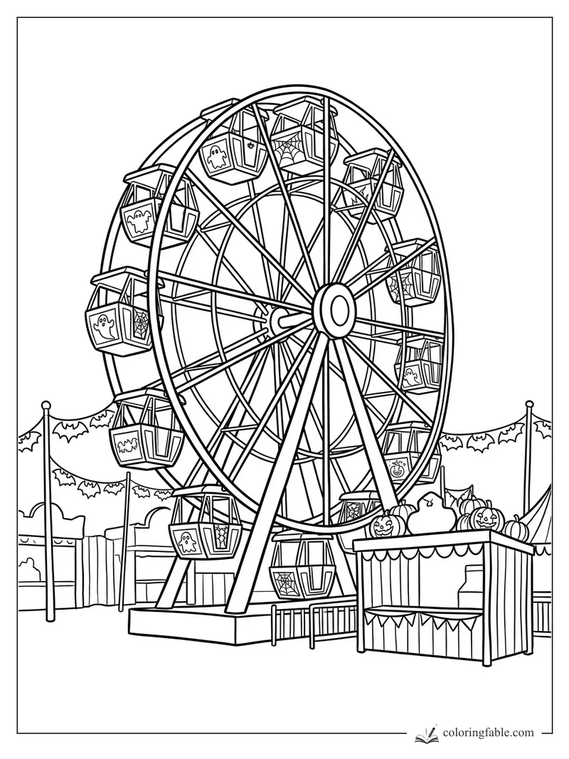 Halloween Ferris wheel coloring page with ghost gondolas, bat bunting, pumpkins, and carnival booth
