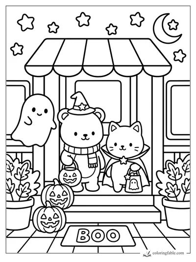 Cute bear witch, vampire cat, and smiling ghost on a Halloween porch with pumpkins, stars, and moon