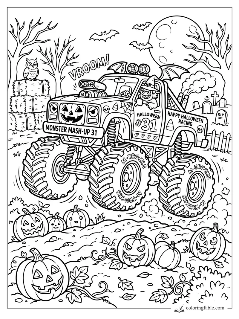 Halloween monster truck 31 jumps past pumpkins, bats, hay bales, owl, full moon, and graveyard.