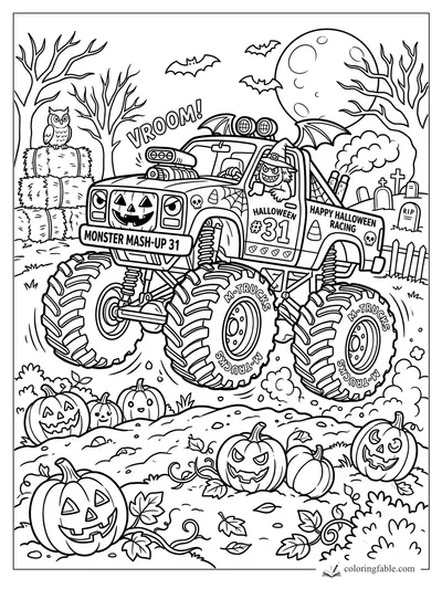 Halloween monster truck 31 jumps past pumpkins, bats, hay bales, owl, full moon, and graveyard.