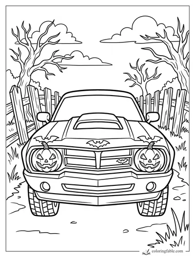 Cartoon muscle car with pumpkin headlights, bat decals, bare trees, clouds, and crooked wooden fences.
