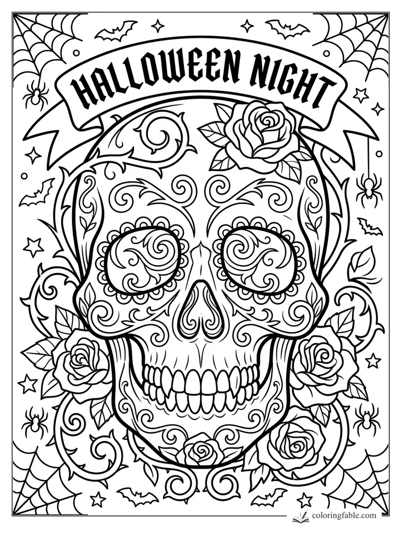Intricate gothic sugar skull with Halloween Night banner, roses, bats, spiders, stars, and corner webs.