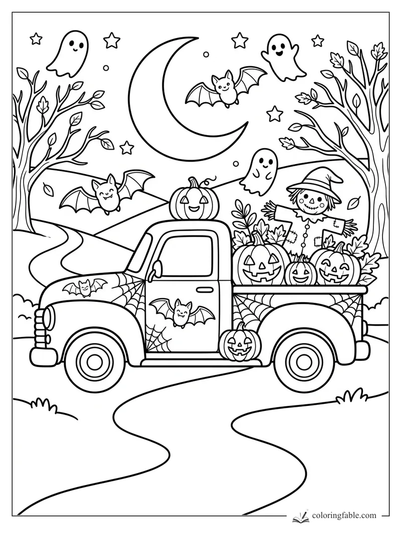 Cartoon Halloween pickup truck with pumpkins, scarecrow, bats, ghosts, bare trees, stars, and crescent moon.