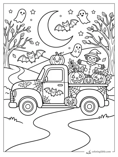 Cartoon Halloween pickup truck with pumpkins, scarecrow, bats, ghosts, bare trees, stars, and crescent moon.