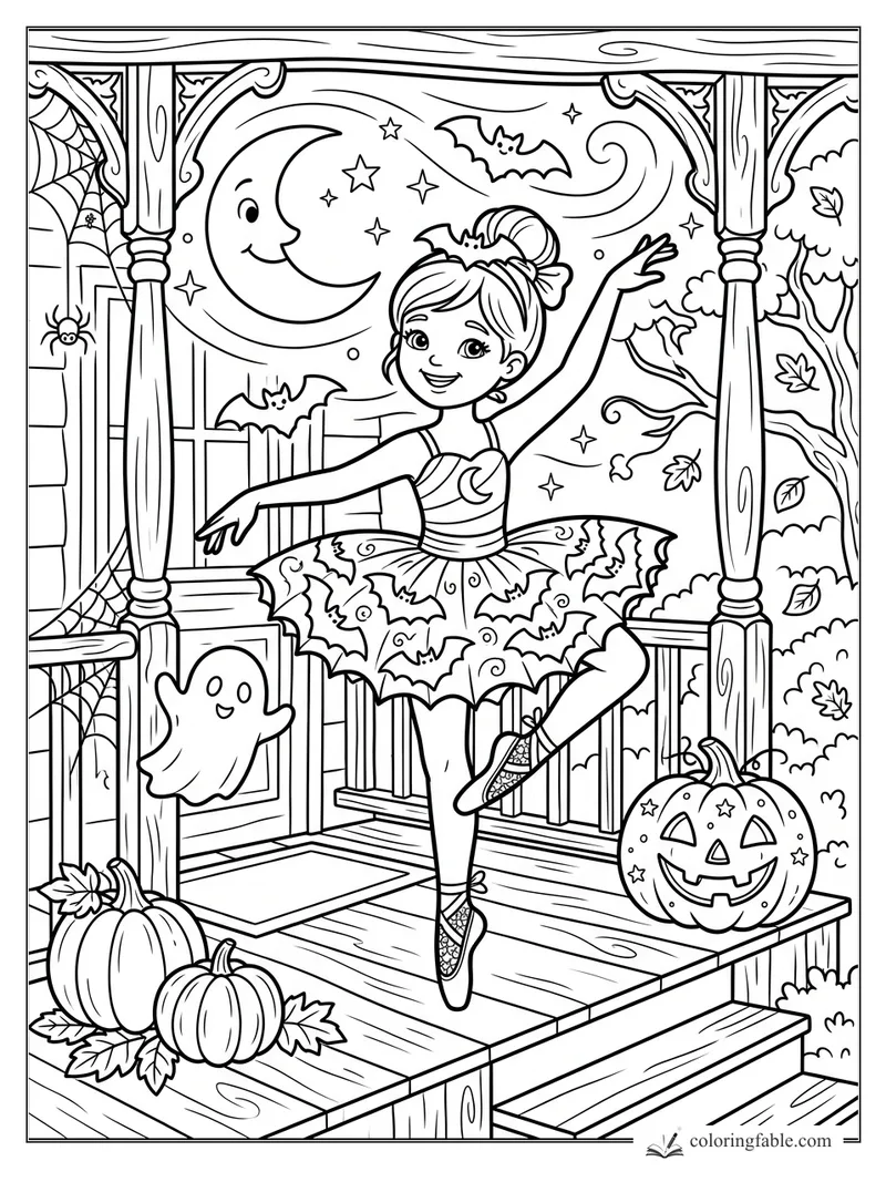 Cartoon ballerina dancing on a Halloween porch with bats, pumpkins, ghost, moon, stars and spiderwebs.
