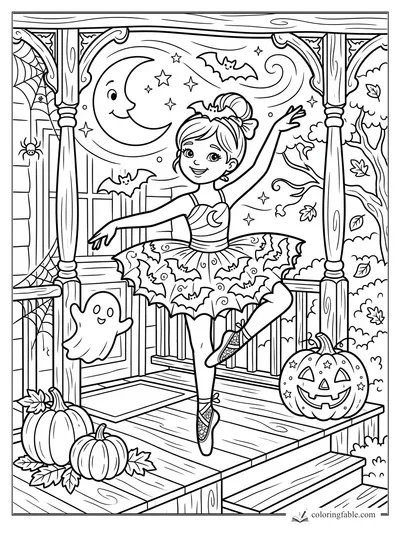Cartoon ballerina dancing on a Halloween porch with bats, pumpkins, ghost, moon, stars and spiderwebs.