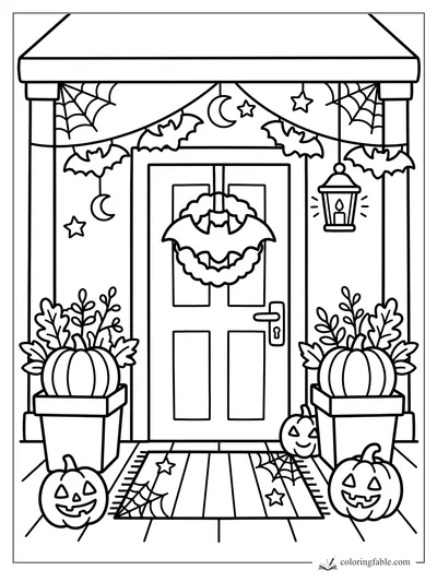 Easy Halloween porch coloring page with bat wreath, pumpkins, lantern, cobwebs, moons and stars