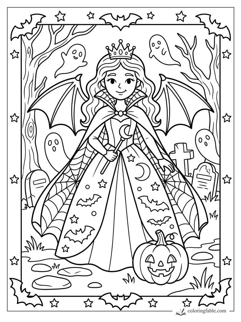 Cartoon Halloween princess with bat wings, ghosts, pumpkin, bats, bare trees, and gravestones.