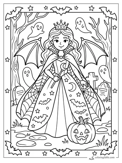 Cartoon Halloween princess with bat wings, ghosts, pumpkin, bats, bare trees, and gravestones.