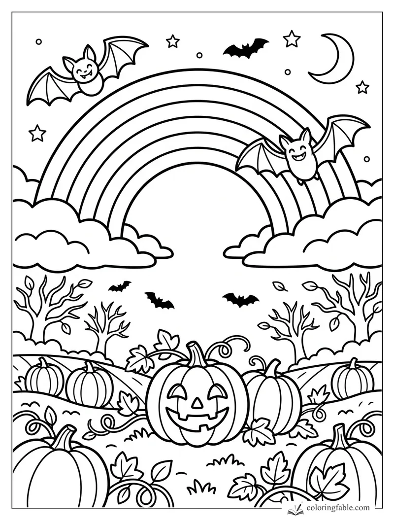 Easy Halloween rainbow coloring page with smiling bats, crescent moon, stars, clouds, and jack-o'-lanterns