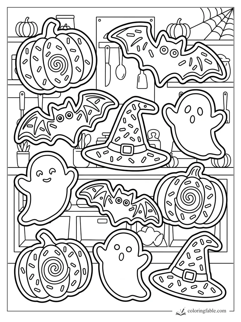Halloween sticker coloring page with bats, ghosts, witch hats, swirl pumpkins, and shelf tools