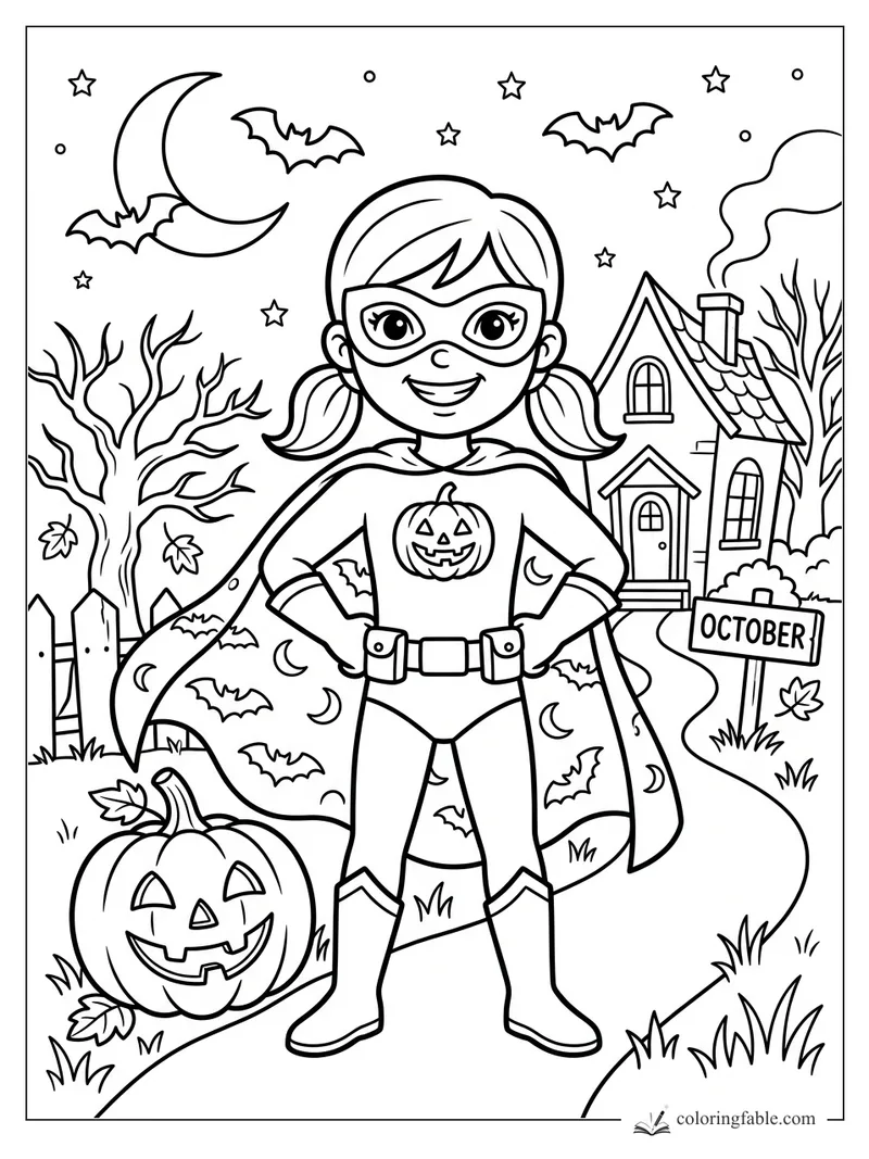 Cartoon Halloween superhero girl with pumpkin emblem, cape, bats, moon, haunted house, and October sign.