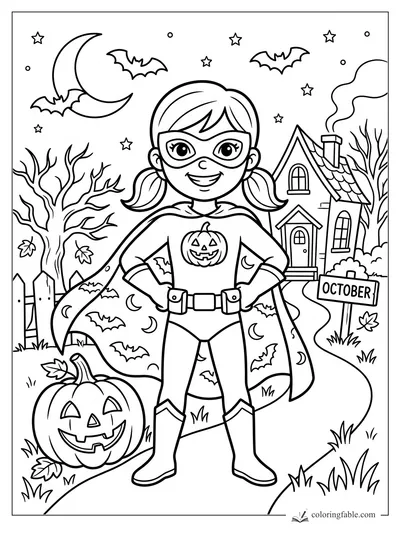 Cartoon Halloween superhero girl with pumpkin emblem, cape, bats, moon, haunted house, and October sign.