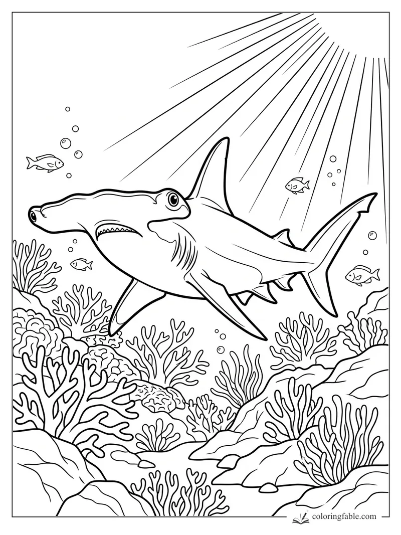 Hammerhead shark swimming above coral reef with sunbeams, bubbles, and small fish