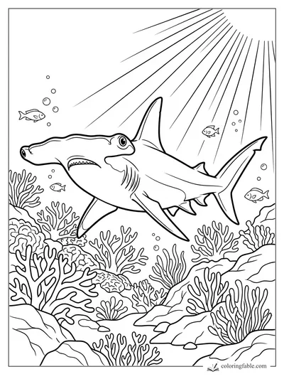 Hammerhead shark swimming above coral reef with sunbeams, bubbles, and small fish