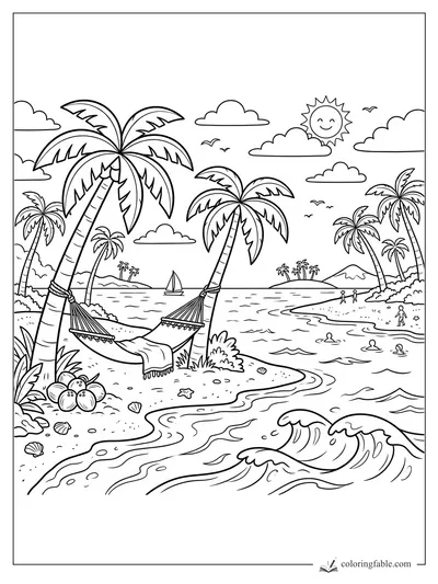 Cartoon tropical beach with palm-tree hammock, waves, sailboat, swimmers, shells, clouds, and smiling sun