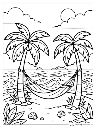 Cartoon beach hammock tied between two palm trees, with ocean waves, shells, clouds, and distant island.