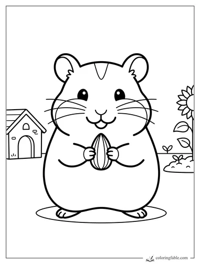 Cute hamster holding a striped seed beside a tiny house, garden sprouts, and a sunflower.
