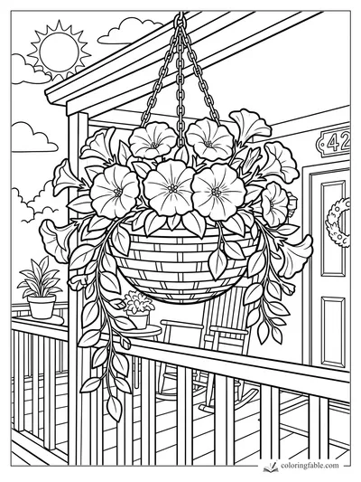 Cartoon hanging petunia basket with trailing vines on a porch, rocking chair, potted plants, sun, and door 42.