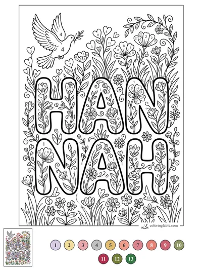 Hannah Name in a Garden of Hearts and Doves — color by number