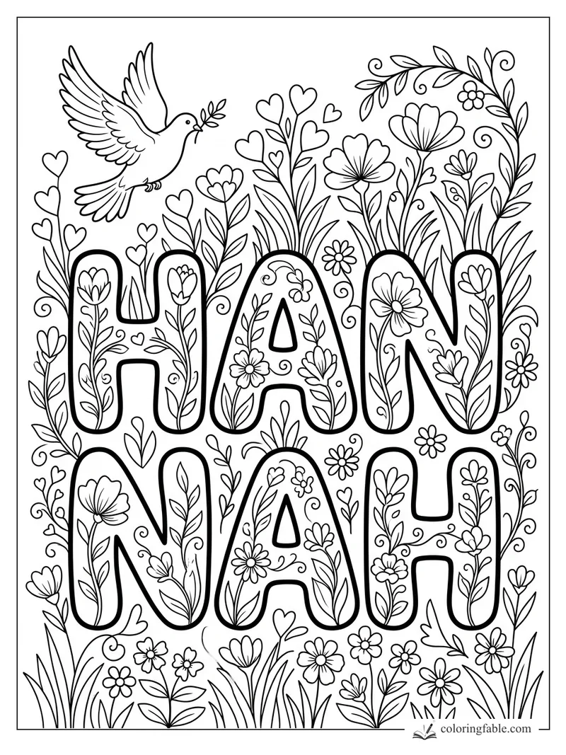 Hannah name coloring page with flowers, heart stems, leafy vines, and a dove carrying a branch