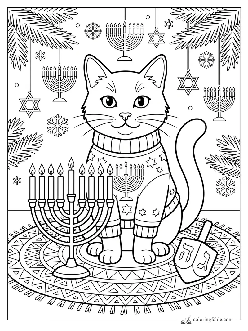 Smiling cat in a star sweater beside a menorah, dreidel, snowflakes, and hanging Hanukkah decorations.