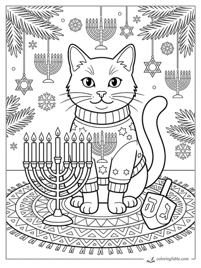 Smiling cat in a star sweater beside a menorah, dreidel, snowflakes, and hanging Hanukkah decorations.