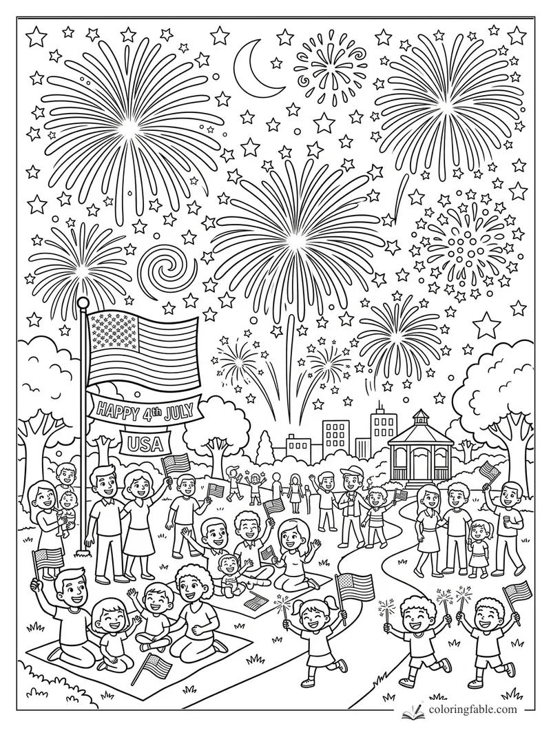 Cartoon 4th of July park celebration with fireworks, flags, families, stars, moon, and gazebo
