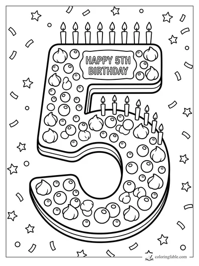 Number 5 birthday cake coloring page with candles, frosting puffs, berries, stars, and confetti