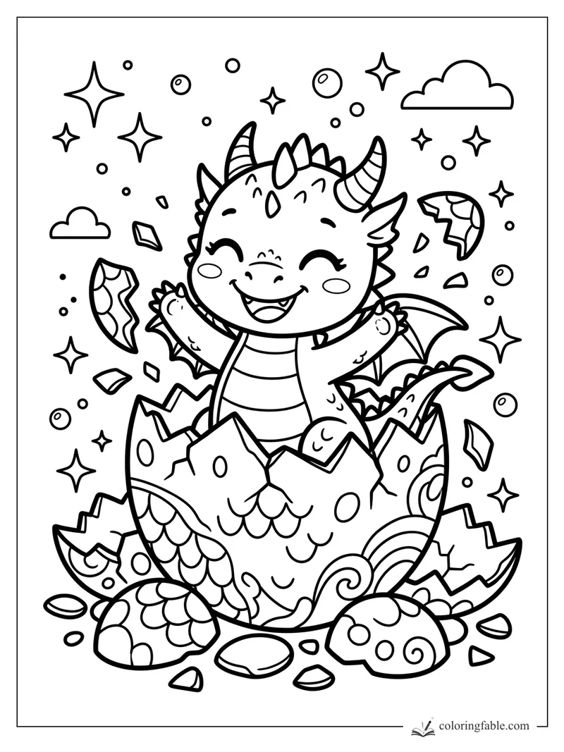 Kawaii baby dragon hatching from a cracked patterned egg with stars, clouds, bubbles, and shell pieces.