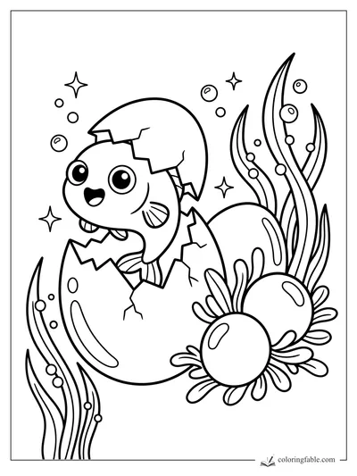 Kawaii baby fish hatching from a cracked egg beside seaweed, bubbles, stars, and anemones.