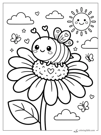 Kawaii bee sitting on a daisy with heart antennae, butterflies, clouds, stars, and a smiling sun.