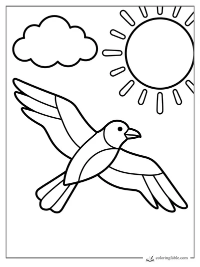 Bold easy coloring page of a bird flying beneath a cloud and a big sun with rays.