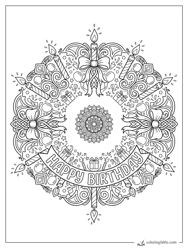 Intricate happy birthday mandala with candles, bows, gifts, stars, balloons, and floral center.