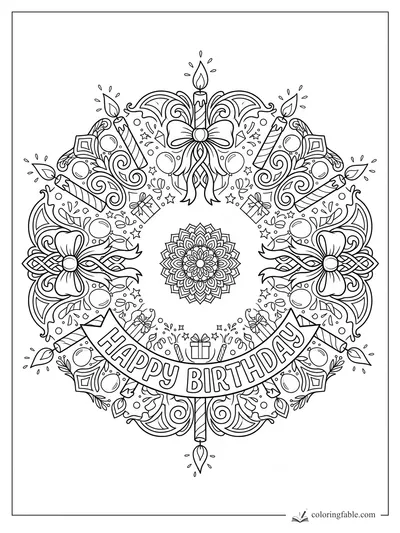 Intricate happy birthday mandala with candles, bows, gifts, stars, balloons, and floral center.