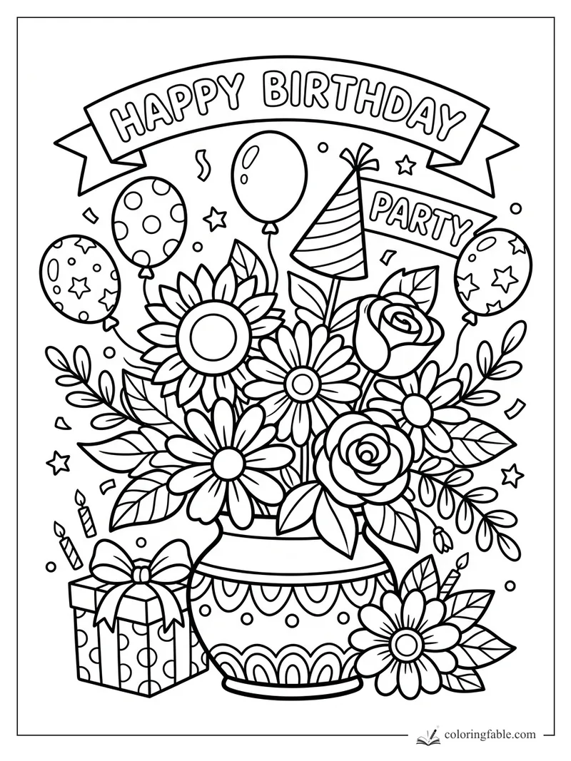 Birthday flower bouquet in a patterned vase with balloons, party hat, gift, candles, and Happy Birthday banner.