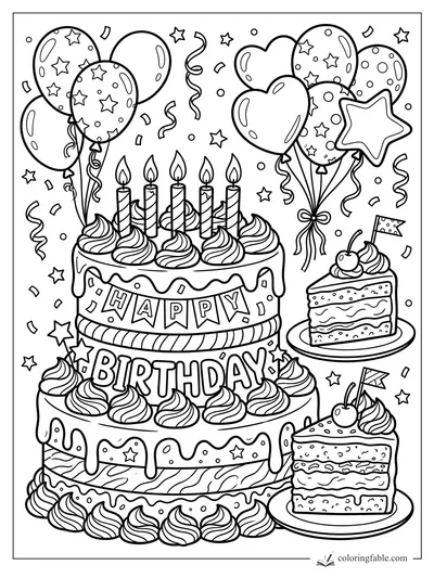 Ice cream birthday cake with candles, balloons, confetti, and two cake slices with cherries