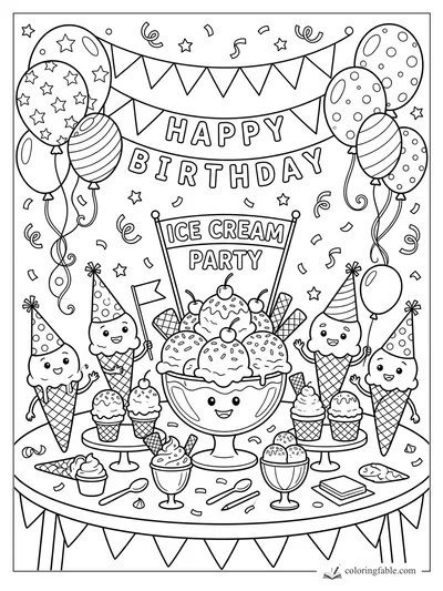 Cartoon ice cream birthday party with sundae bowl, cone characters, balloons, banners, and confetti