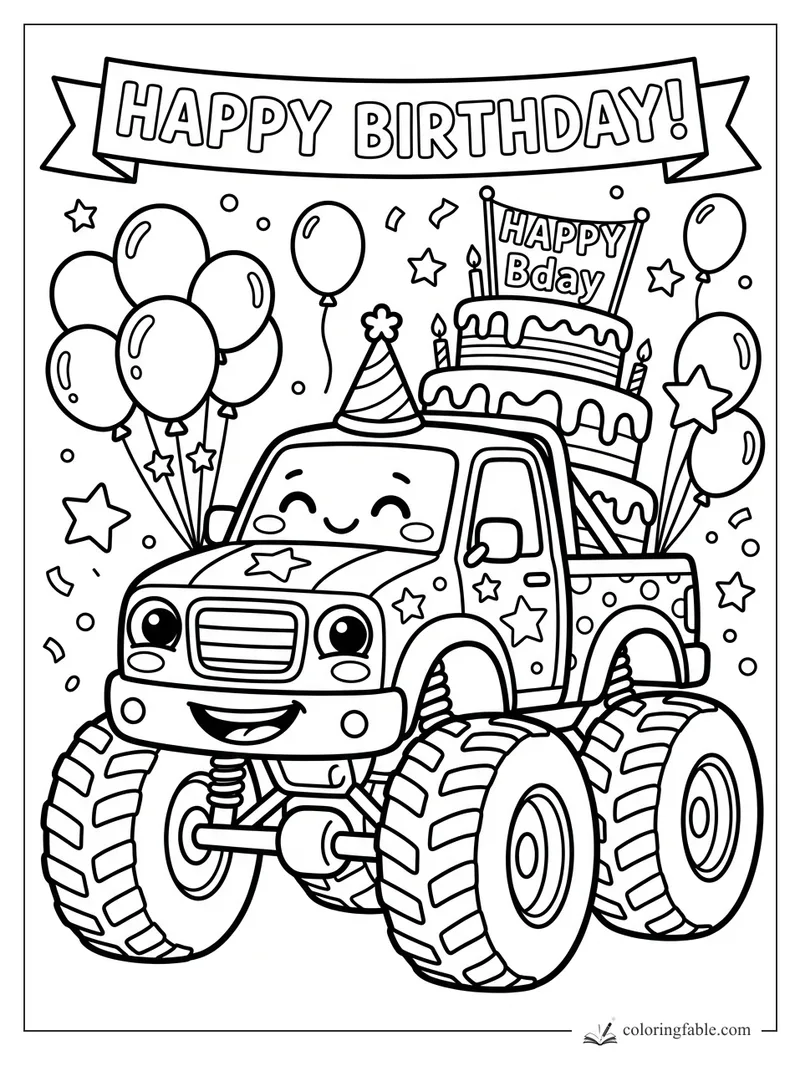 Kawaii monster truck carrying a birthday cake, balloons, party hat, stars, and Happy Birthday banner.