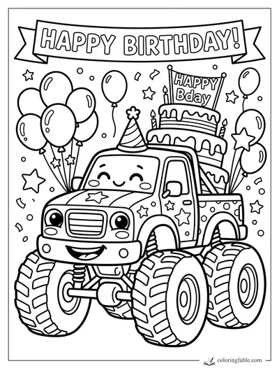 Kawaii monster truck carrying a birthday cake, balloons, party hat, stars, and Happy Birthday banner.