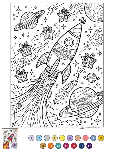 Happy Birthday Rocket Blasting Past Celebration Station — color by number