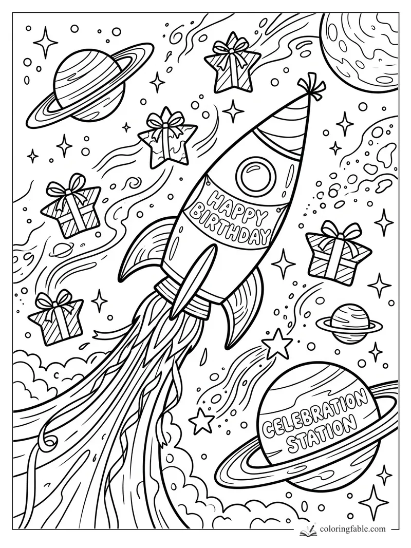 Birthday rocket blasting through space with presents, planets, stars, and Celebration Station