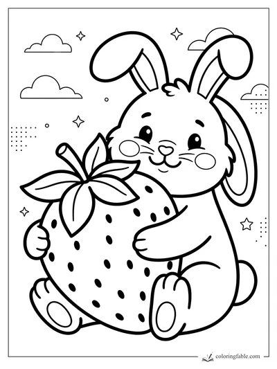 Cute bunny hugging a giant strawberry with leaves, clouds, stars, and dot patterns.