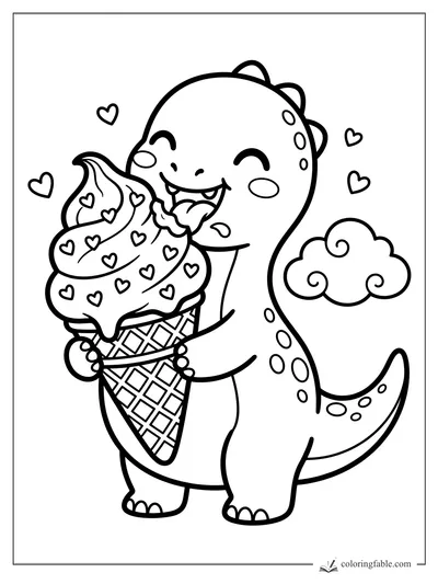 Kawaii dinosaur holding a giant heart-sprinkle ice cream cone with clouds and hearts