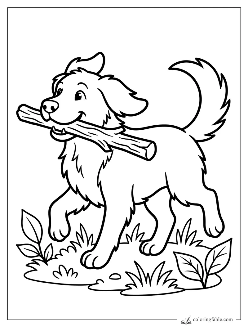 Bold easy coloring page of a smiling dog carrying a stick through grass and leafy plants.