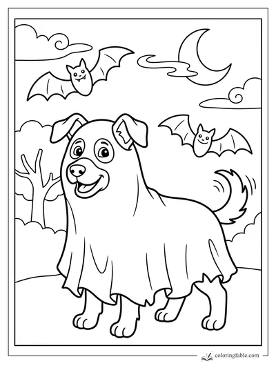 Cartoon dog in a ghost costume with two bats, crescent moon, clouds, and bare trees.
