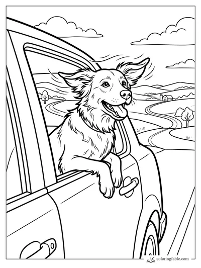 Cartoon dog leaning from a car window on a winding country road with hills, clouds, trees, and a farmhouse.