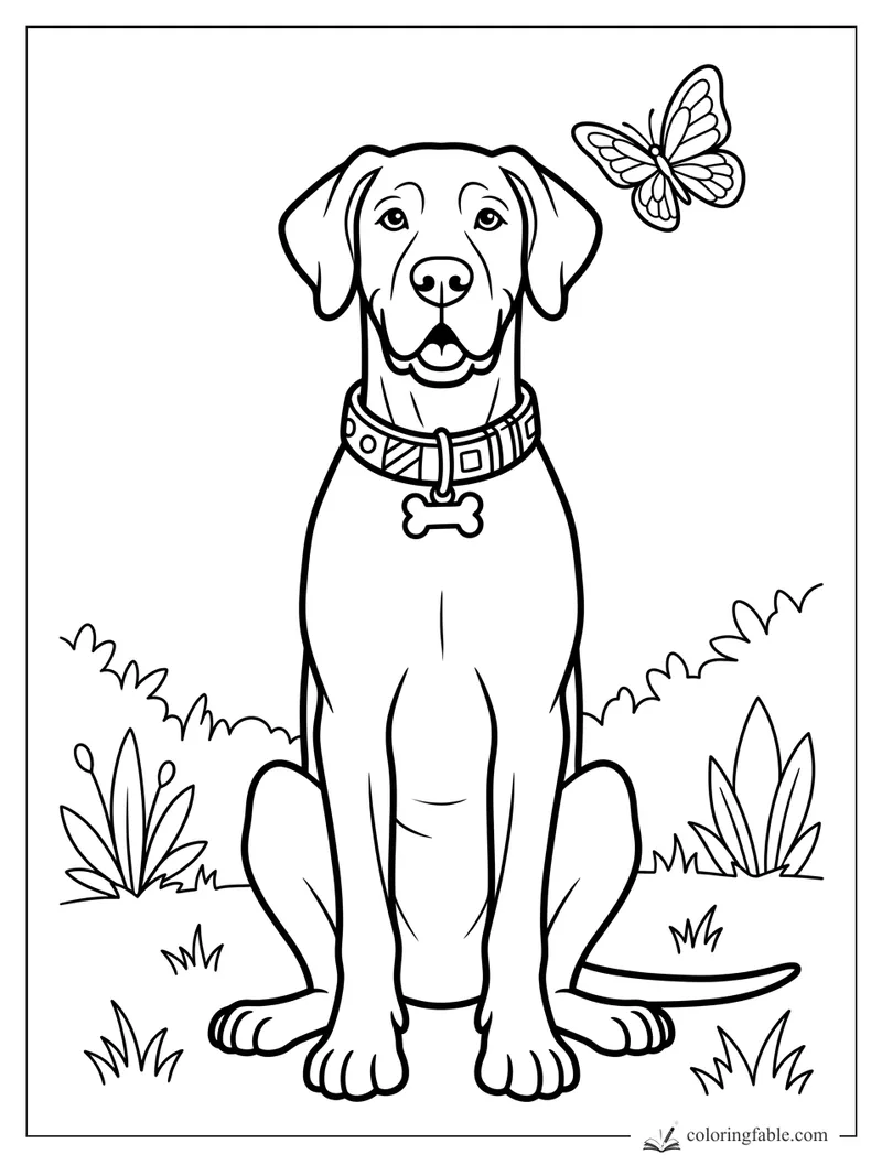 Easy coloring page of a smiling dog with a bone tag watching a butterfly in the garden.