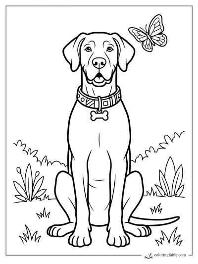Easy coloring page of a smiling dog with a bone tag watching a butterfly in the garden.