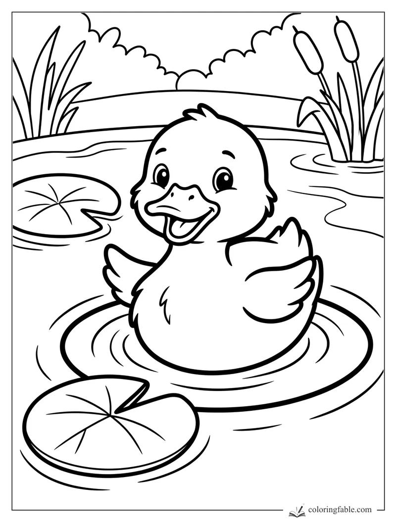 Smiling duckling swimming in a pond with lily pads, cattails, reeds, and round ripples
